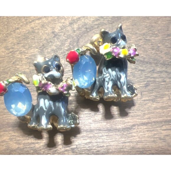 Cat Themed Earrings Enamel Crystal Stud Blue Flowers Cute Catlovers - Picture 5 of 6